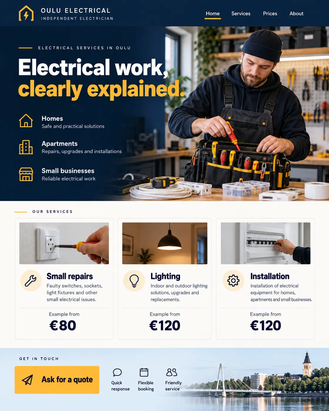 A navy and amber electrician website with services and example prices.