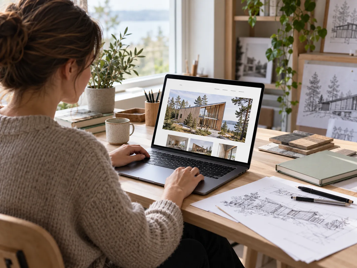 A person at a sunny desk editing an architecture studio's website on a laptop, with sketches of timber houses beside them.