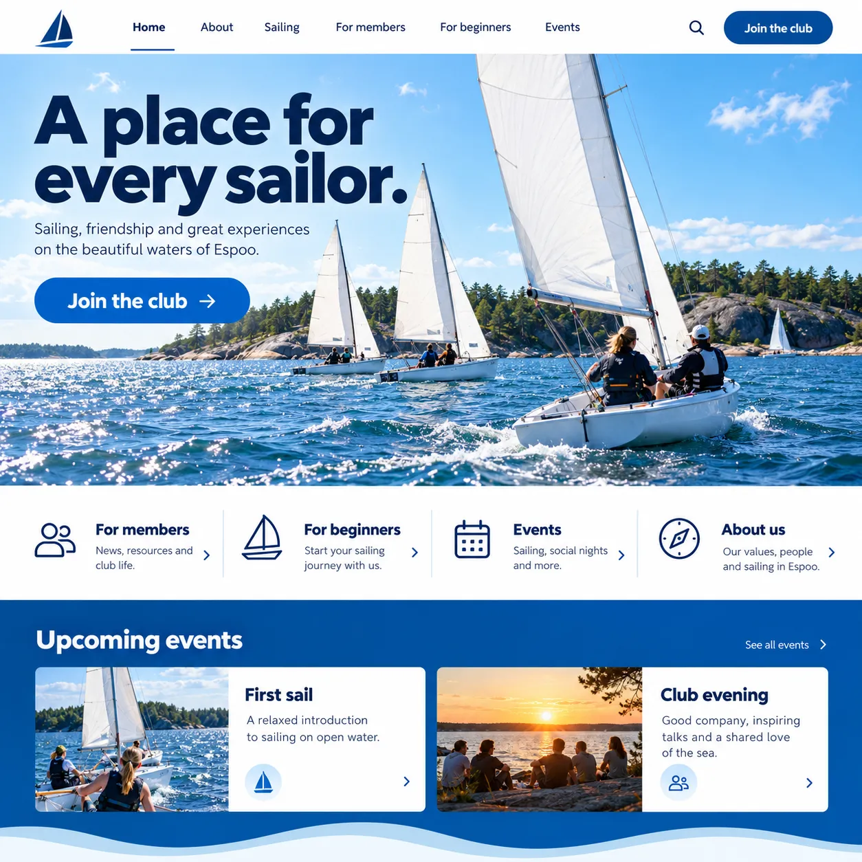 A blue sailing-club website with sailboats, joining information and events.