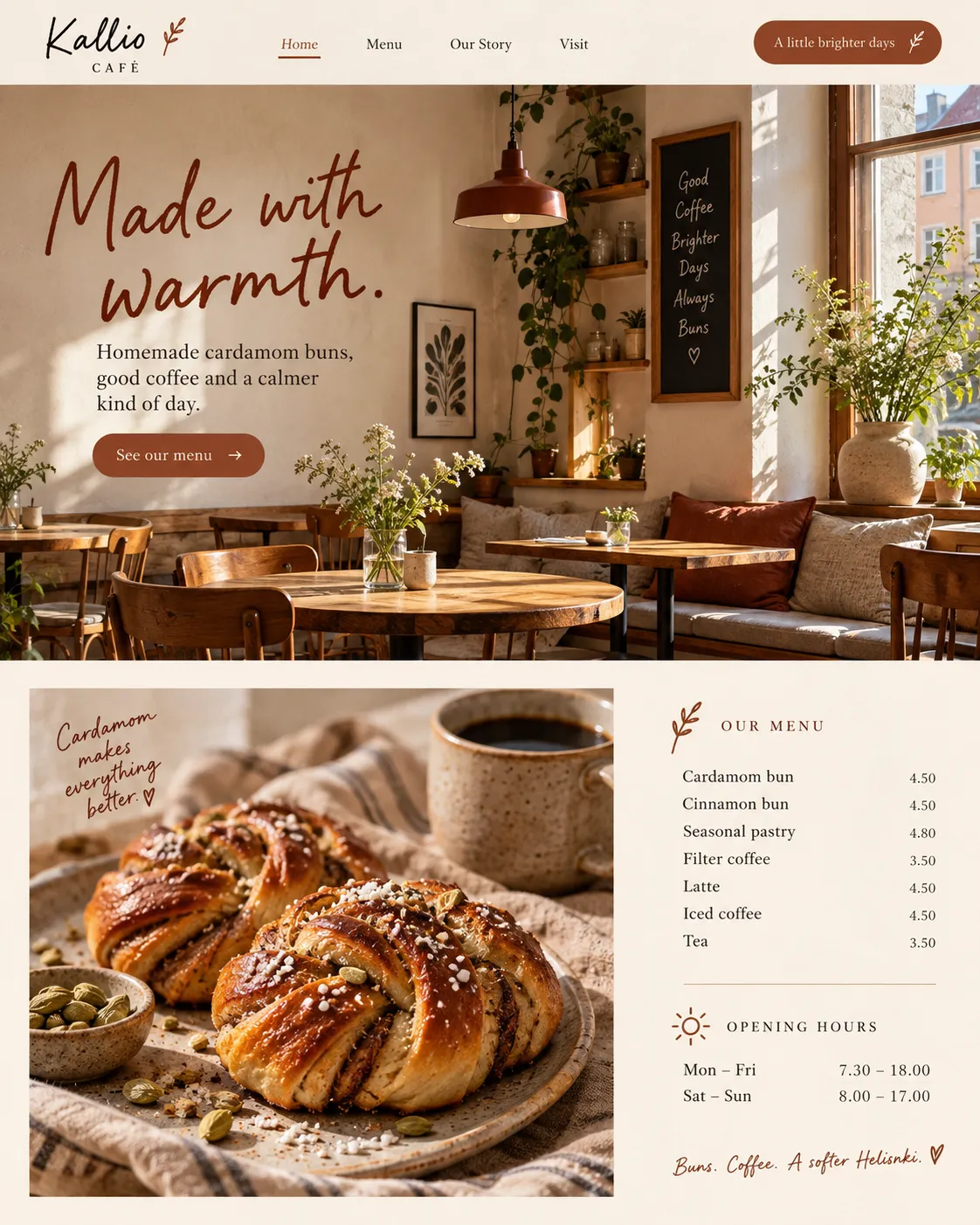 A warm café website with a sunlit interior and cardamom-bun photography.
